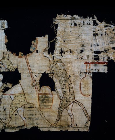 Papyrus met satirische scène, ca. 1100 v.Chr., daterend uit het bewind van Ramses IX, detail, Egyptische beschaving, Nieuwe Rijk, Dynastie XX door Egyptian 20th Dynasty