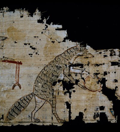 Papyrus met satirische scène (detail) door Egyptian 20th Dynasty