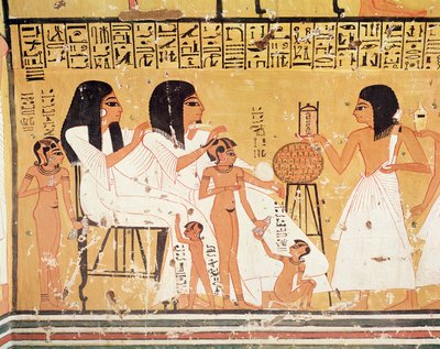 De doden, hun familie en hun dienaren, uit het graf van Ankerkhe, Werkersgraven, Nieuwe Rijk (muurschildering) door Egyptian 20th Dynasty