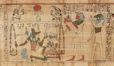 Detail uit het Dodenboek van de priester Aha-Mer die Anubis toont die het hart van de overledene weegt tegen de Veer van de Waarheid door Egyptian 21st Dynasty
