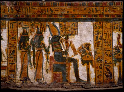 Egyptische oudheid: de godheden Isis en Nephtys aanbidden Osiris. Ze houden sleutels van het leven in de vorm van een kruis (Ankh). Decoratie van de antropoïde sarcofaag van de schrijver Butehamon, 21e dynastie (1085-935 v.Chr.). Museum van Egypte in Turij door Egyptian 21st Dynasty
