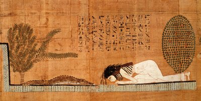 Begrafenispapyrus die de overledene toont geknield voor de krokodil door Egyptian 21st Dynasty
