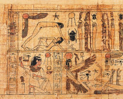 Begrafenispapyrus van Serimen, priester van Amon, detail van de schepping van de wereld, scheiding van Geb en Nut door Egyptian 21st Dynasty