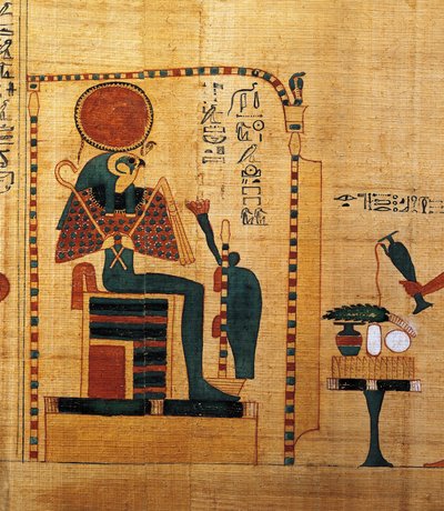 Mythologische papyrus van Imenemsauf, Hoofddrager van Amon. Detail: god Ra-Harakhti door Egyptian 22nd Dynasty