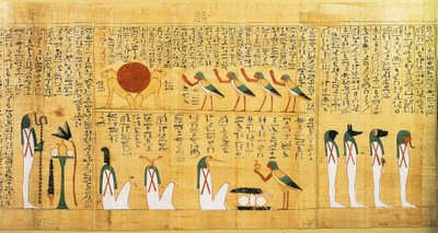 Mythologisch papyrus van Imenemsauf, Hoofddrager van Amon. Detail: hymne aan de zon afgebeeld als twee leeuwen door Egyptian 22nd Dynasty