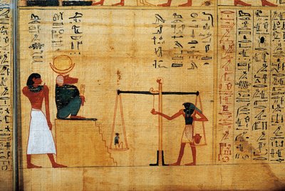Mythologisch papyrus van Imenemsauf, Hoofddrager van Amon. Detail: wegen van de ziel voor de baviaangod Thoth door Egyptian 22nd Dynasty