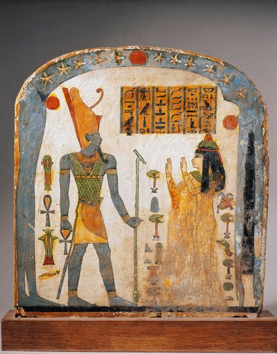 Beschilderde houten stèle van Lady Taperet, die Taperet toont die bidt tot god Aton met de hemel vertegenwoordigd door godin Nut door Egyptian 22nd Dynasty