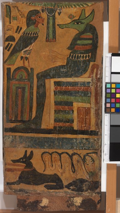 Anubis en de ziel van de overledene, van een sarcofaag door Egyptian 26th Dynasty