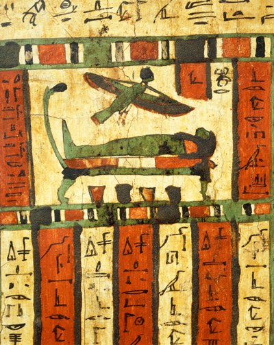 Gips- en beschilderd hout met overledene op sterfbed terwijl ziel, Ba, naar het hiernamaals vliegt, uit Sarcofaag van Tashakheper, Thebe door Egyptian 26th Dynasty