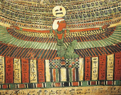 Gepleisterd en beschilderd hout toont godin Nut die een valse deur beschermt die leidt naar het hiernamaals, uit sarcofaag van Tashakheper, Thebe door Egyptian 26th Dynasty