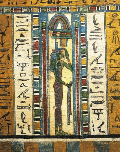 Gepleisterd en beschilderd houten paneel met afbeelding van godin Isis, van Sarcofaag van Usai, Thebe door Egyptian 26th Dynasty