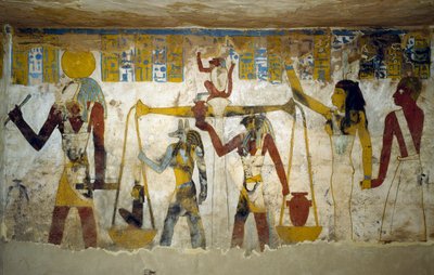 Muurschilderingen uit de grafkamer van het graf van Pa Nentwy, Bahariya-oase, Gizeh, Egypte. Egyptische beschaving, 26e dynastie, 663-525 v.Chr. door Egyptian 26th Dynasty