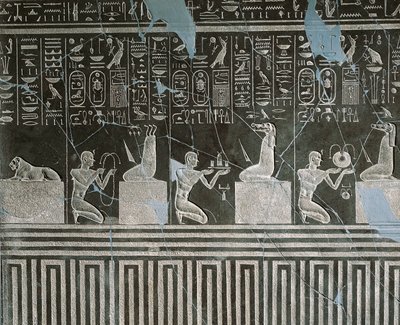 Doleriet reliëf van Nectanebo I, koning die geschenken aanbiedt aan demon, uit Heliopolis bij de tempel van Atum door Egyptian 30th Dynasty