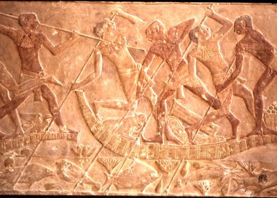 Mannen die vissen spiesen vanuit een papyrusboot, Ptah-Hotep Tombe, 5e Dynastie door Egyptian 5th Dynasty