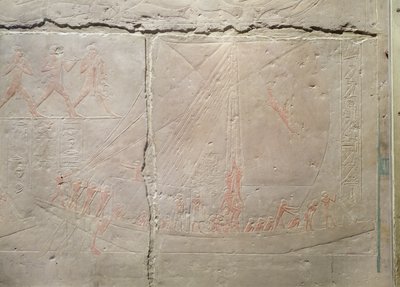 Reliëf dat een bootreis uitbeeldt, uit de Mastaba van Akhethotep, Oude Koninkrijk, ca. 2400 v.Chr. (beschilderd kalksteen) door Egyptian 5th Dynasty