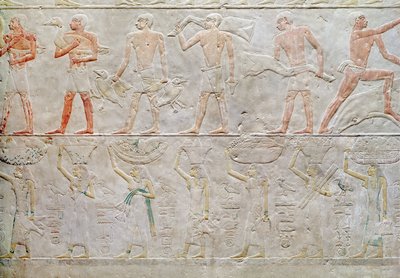 Reliëf dat mensen toont die voedseloffers dragen, uit de Mastaba van Akhethotep, Oude Rijk, ca. 2400 v.Chr. (geschilderd kalksteen) door Egyptian 5th Dynasty