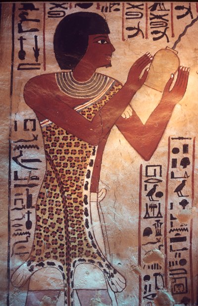 Oud-Egypte, graf van Sennufer, Thebe, Luxor, muurschildering, fresco, muurschildering, zoon van Sennufer die het begrafenisfeest voorzit, gekleed in luipaardhuid door Egyptian Egyptian