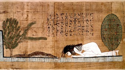 Egyptische antiquiteit: een overleden vertegenwoordiger die de krokodil aanbidt, symbool van vruchtbaarheid. Papyrus uit een Dodenboek. Caïro, Egyptisch Museum - Oude Egypte: een overledene die de krokodil aanbidt, symbool van vruchtbaarheid. Papyrus van h door Egyptian Egyptian
