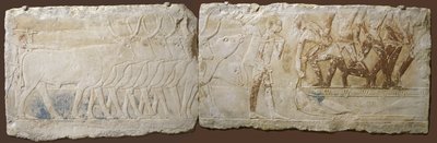 Reliëf van boeren die vee drijven en vissen, Oude Koninkrijk, 2450-2290 v.Chr. door Egyptian School