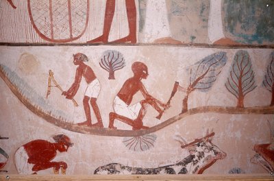 Scène van landbouw (maaien en hout hakken), uit het graf van Schrijver Menna, Egypte, Sheikh Abd el-Qurna, Vallei der Edelen door Egyptian School