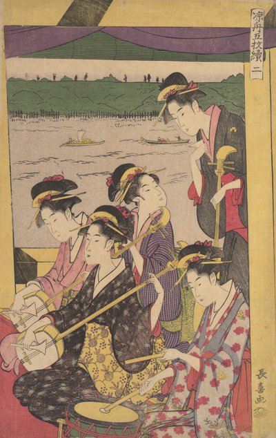 Een groep Geisha in een Suzumi-bune, ca. 1796 door Eishōsai Chōki
