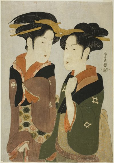 Kan, een serveerster van de Izutsuya, en de geisha Fuseya van de Ogiya door Eishōsai Chōki