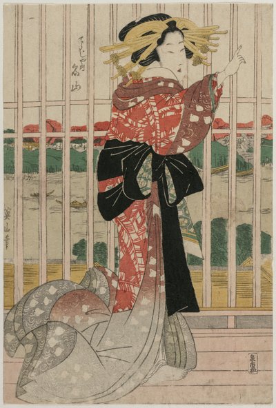 De Courtisane Meizan van de Chojiya op een Balkon met Uitzicht op de Sumida-rivier, ca. begin of midden 1820s door Kikugawa Eizan