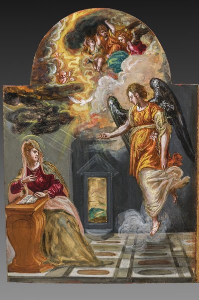 Draagbaar altaar, linker deurpaneel aan de achterkant: Annunciatie (detail) door El Greco