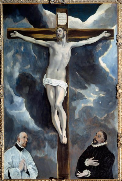 Christus aan het kruis aanbeden door beide schenkers Schilderij door Theotokopoulos Domenico alias El Greco (1541-1614) 1576 door El Greco