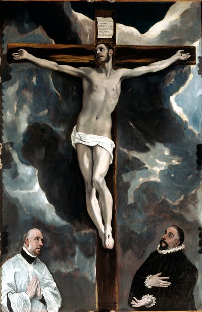 Christus aan het kruis aanbeden door de twee schenkers door El Greco