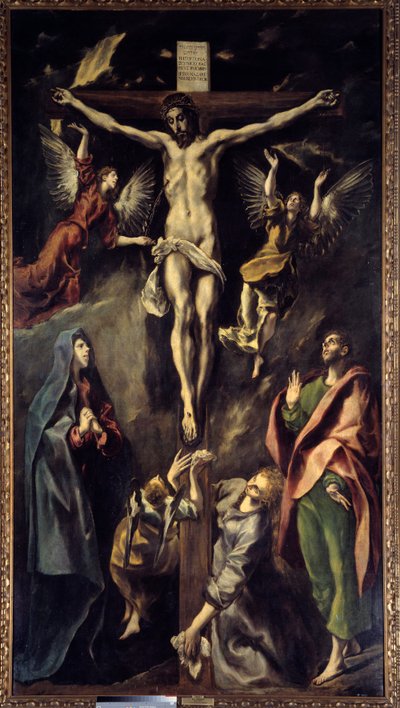 De kruisiging Schilderij door Domenikos Theotokopoulos (El Greco) (1541-1614) 17e eeuw door El Greco