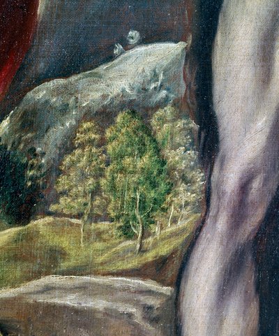 SS. Johannes de Evangelist en Johannes de Doper, landschap (detail) door El Greco
