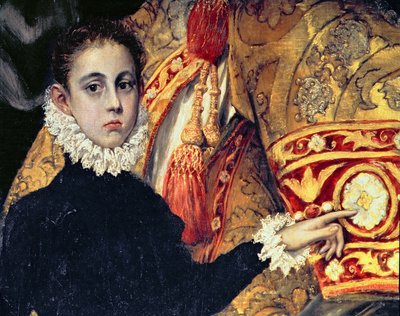 De Begrafenis van Graaf Orgaz, uit een legende van 1323, jongen, vermoedelijk de zoon van de schilder, Jorge Manuel (detail) door El Greco