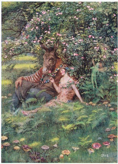 Bottom en Titania: "Kom zit hier op dit bloemrijke bed" door Eleanor Fortescue Brickdale