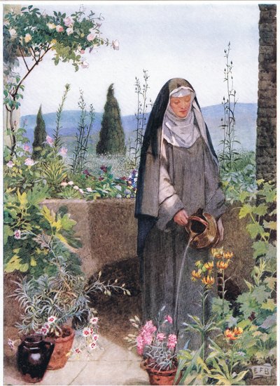 Sint Clara in de tuin van het klooster dat ze stichtte door Eleanor Fortescue Brickdale