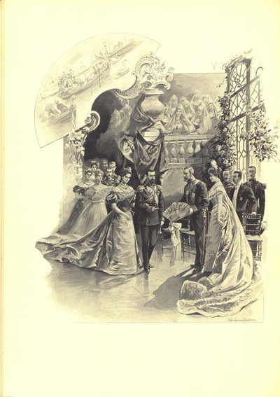 Alexandra Fjodorovna en Nicolaas II tijdens de ceremoniële ontvangst bij de Franse Ambassade, 1899 door Elena Petrovna Samokish Sudkovskaya
