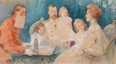 Tsaar Nicolaas II en Alexandra Fjodorovna met hun dochters Olga, Tatiana, Maria en Anastasia door Elena Petrovna Samokish Sudkovskaya
