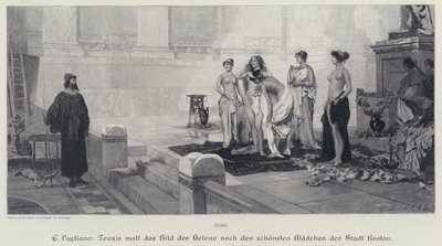 Oude Griekse kunstenaar Zeuxis kiest uit de mooiste vrouwen van de stad Crotone het model voor zijn schilderij van Helena van Troje (gravure) door Eleuterio Pagliano