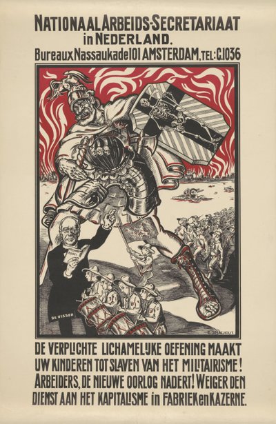 Affiche tegen militarisme uitgegeven door het Nationale Arbeiders Secretariaat in Nederland door Elias Smalhout