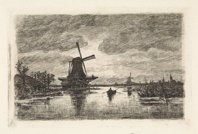 Landschap met twee molens en een roeiboot door Elias Stark