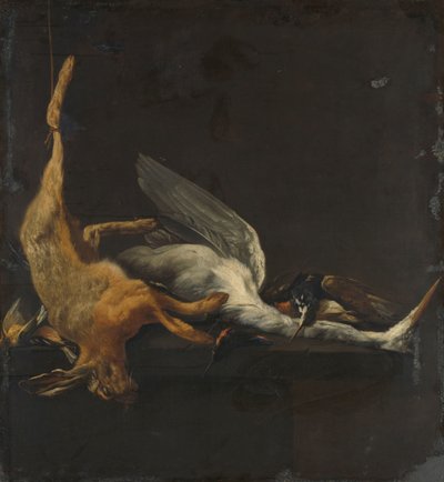 Stilleven met haas, reiger en andere vogels door Elias Vonck