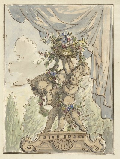 Drie putti met een bloemenmand door Elias van Nijmegen