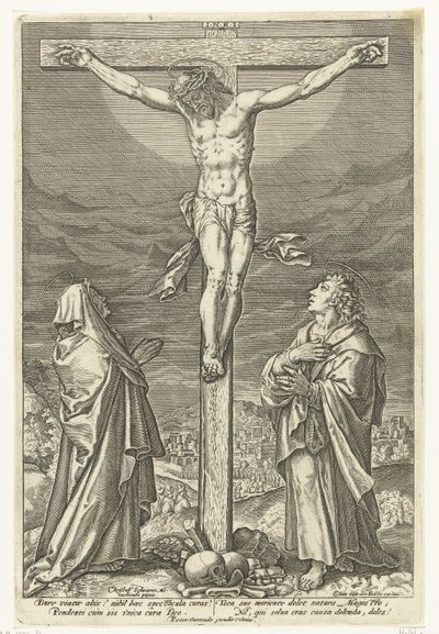 Christus aan het kruis, met Maria en Johannes de Doper door Elias van den Bossche