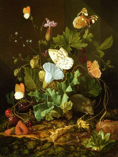 Stilleven van een bosbodem met bloemen, een muis en vlinders door Elias van den Broeck