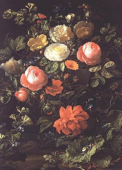 Stilleven met rozen, insecten en slakken door Elias van den Broeck
