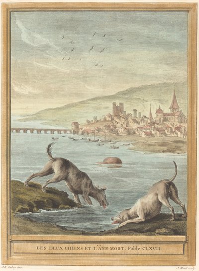 De Twee Honden en de Dode Ezel door Elie du Mesnil after Jean Baptiste Oudry
