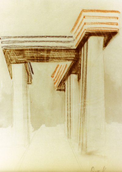 Ontwerptekening voor het voorgestelde wolkenbugel (cloud-iron) gebouw dat nooit werd gebouwd door Eliezer Markowich Lissitzky