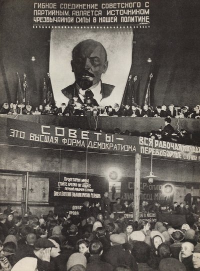 Sovjets - de hoogste vorm van democratie. Illustratie uit USSR Bouwt Socialisme, 1933 door Eliezer Markowich Lissitzky