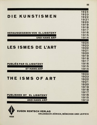 Titelpagina: Die Kunstismen. The Isms of Art door El Lissitzky en Hans Arp, 1925 door Eliezer Markowich Lissitzky