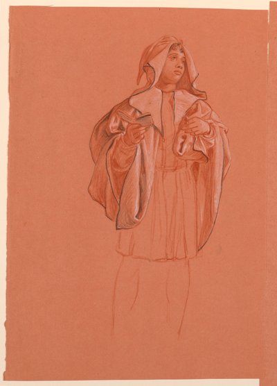 Tekening, studie van een figuur in een kostuum met capuchon, ca. 1885 door Elihu Vedder